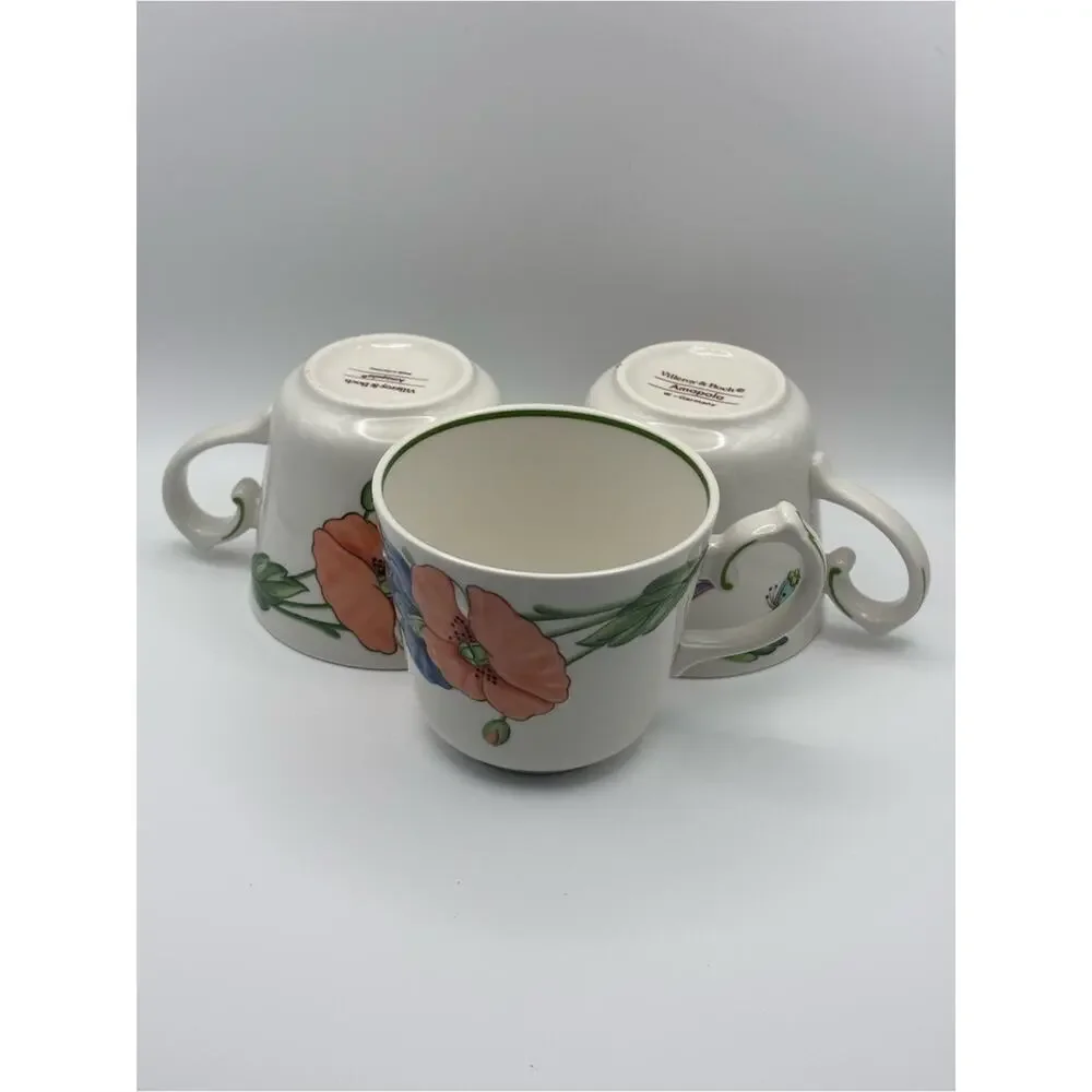 Set of 3 Porcelain Amapola Coffee Cups from Villeroy & Boch, Poppy Flower Mugs